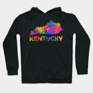 Colorful mandala art map of Kentucky with text in multicolor pattern Hoodie